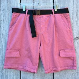 V.I.P. pink cotton blend black buckled utility shorts elastic waistband